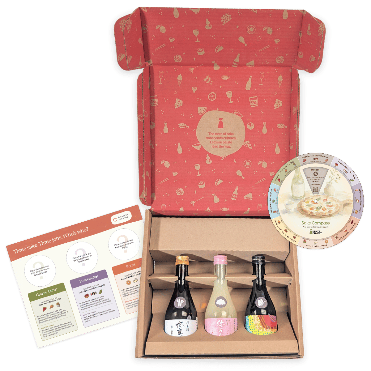 Sake Flight “Beyond Sushi” box opened to show three bottles of sake, tasting cards and the Sake Compass pairing wheel