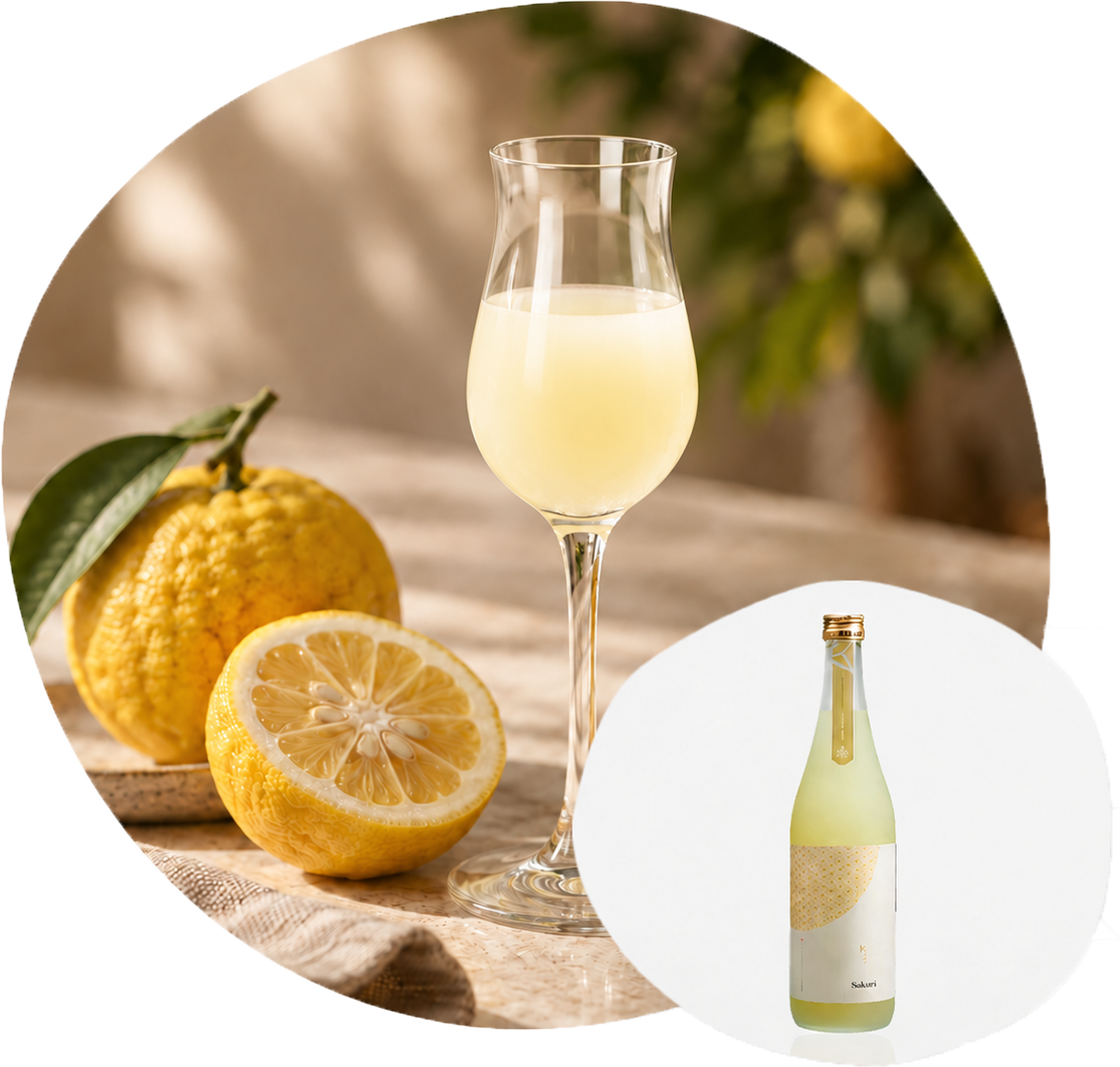 A glass of yuzu sake beside fresh yuzu, with an inset image of a bottle of Sakari yuzu sake.