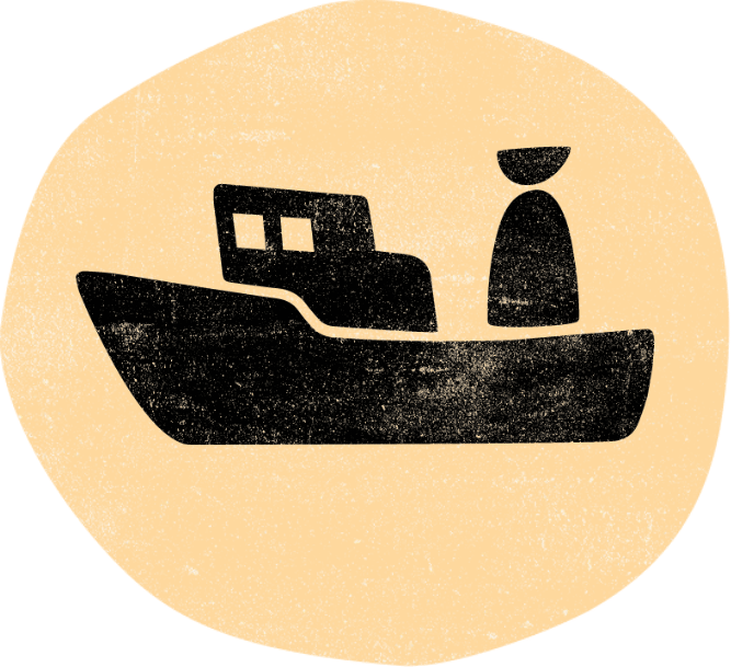A black, textured illustration of a simple boat with a figure, inside a light orange circle.