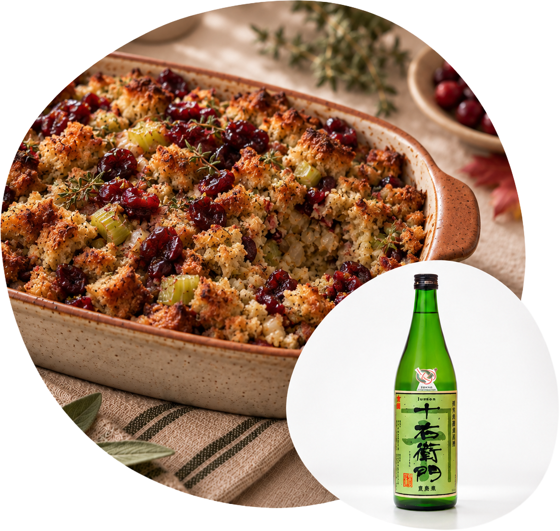 Bread stuffing with dried cranberries in a baking dish, with an inset image of a bottle of Juemon sake.