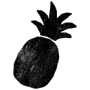 A black, textured silhouette of a pineapple, tilted to the right.