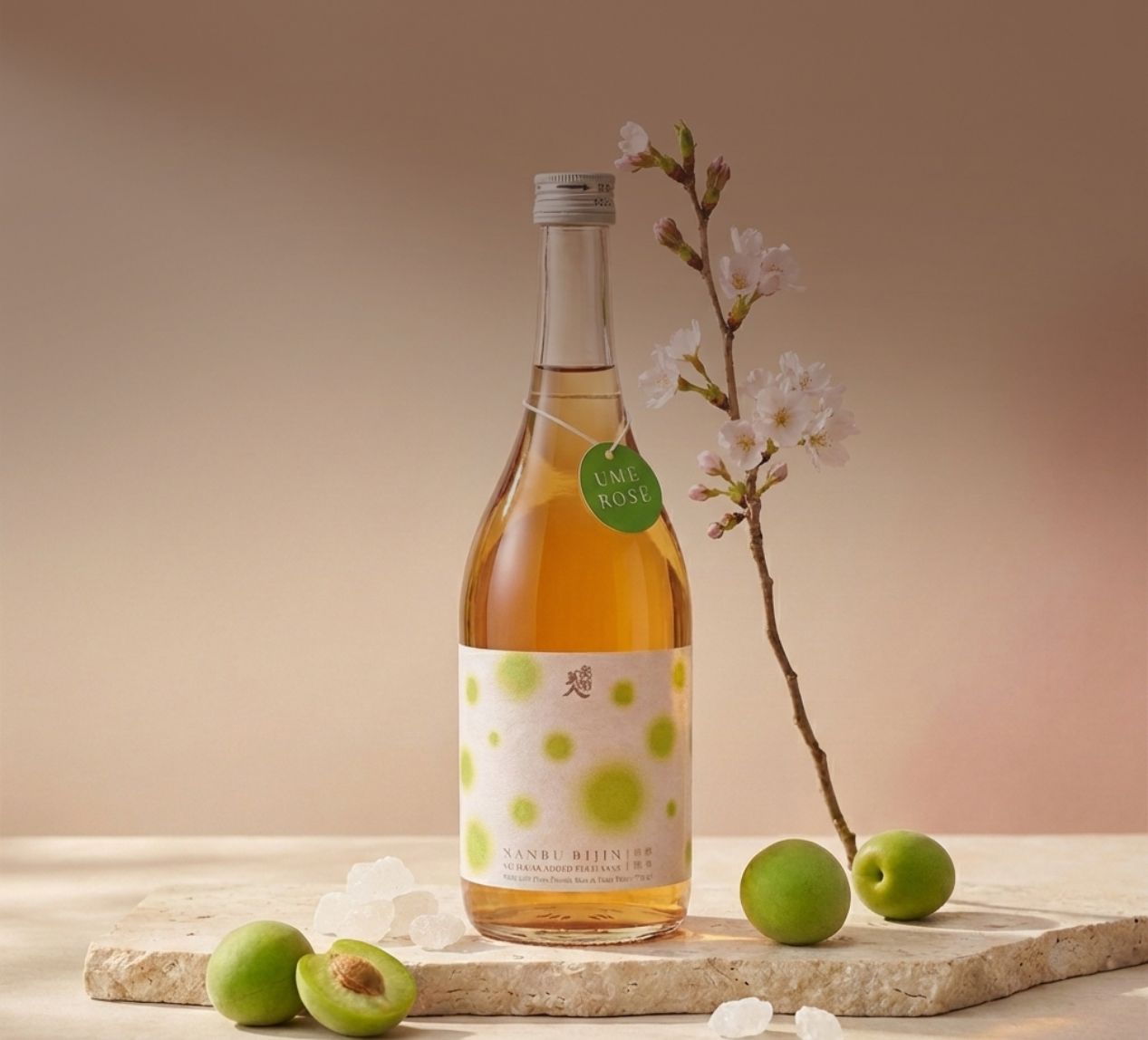 Three bottles of sparkling sake on a wooden board on a set table with champagne flutes and oranges.