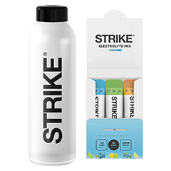 A white Strike water bottle next to a box of three Strike Electrolyte Mix packets.
