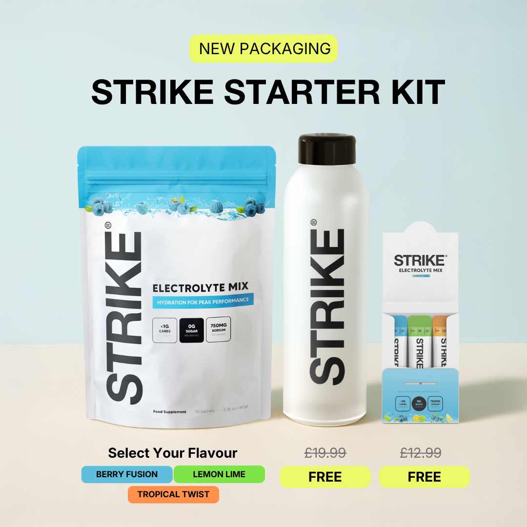 A promotional image for the Strike Starter Kit, featuring a pouch, bottle, and sachets of electrolyte mix.