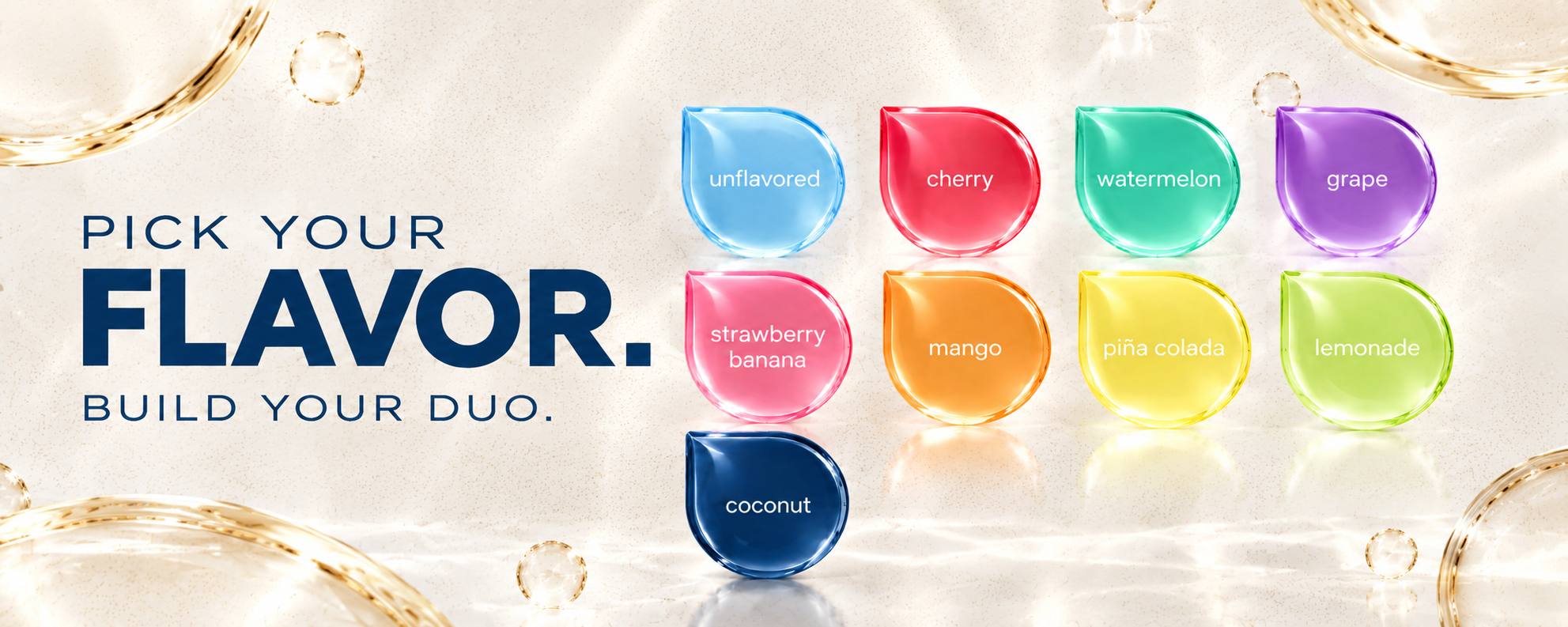 Graphic with text 'Pick Your Flavor' and nine colorful blobs representing different flavors.