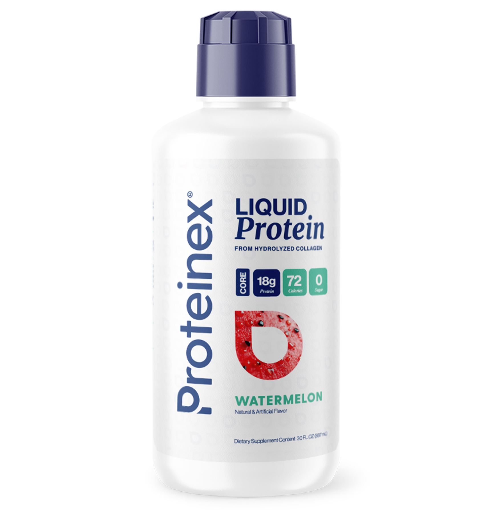 A white bottle of Proteinex brand watermelon-flavored Liquid Protein dietary supplement against a white background.
