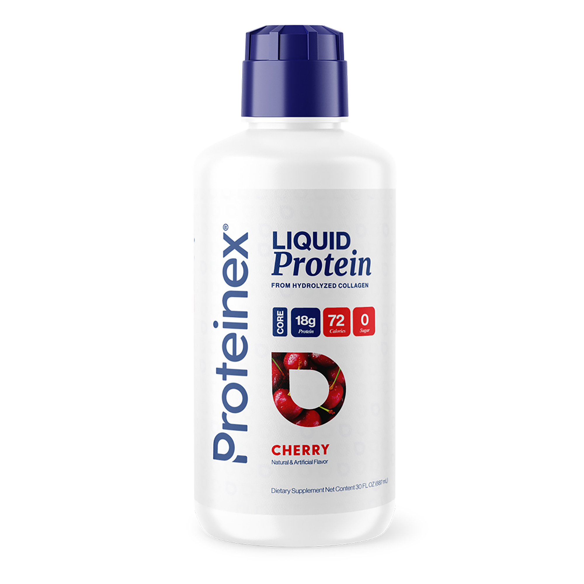 A white bottle of Proteinex cherry-flavored liquid protein dietary supplement with a blue cap against a white background.