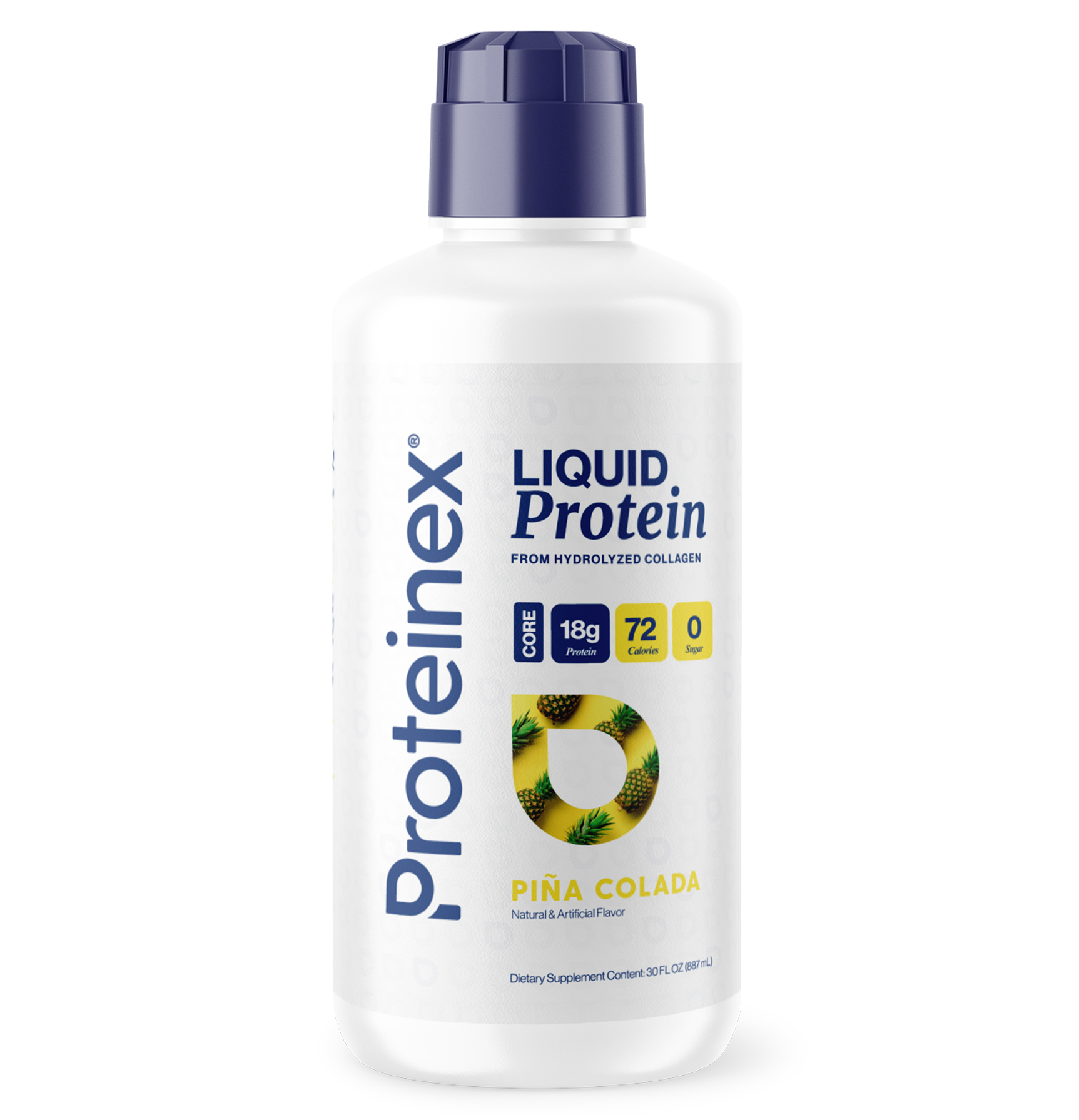 A bottle of Proteinex brand Piña Colada flavored liquid protein against a plain white background.