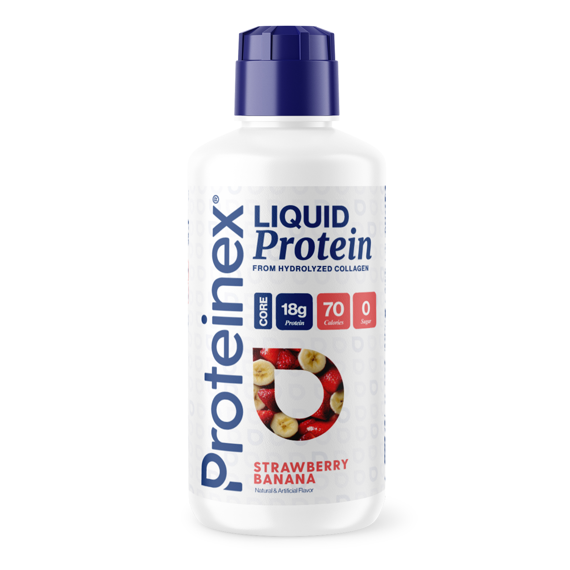 A bottle of Proteinex brand Strawberry Banana liquid protein, shown against a white background.