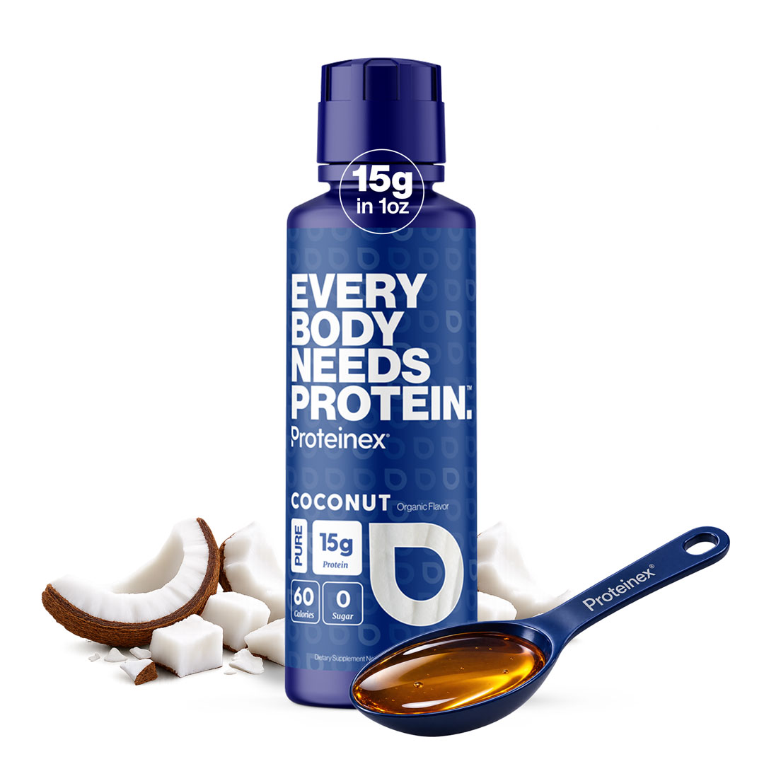 A bottle of Proteinex coconut protein supplement with pieces of coconut and a spoonful of the liquid.