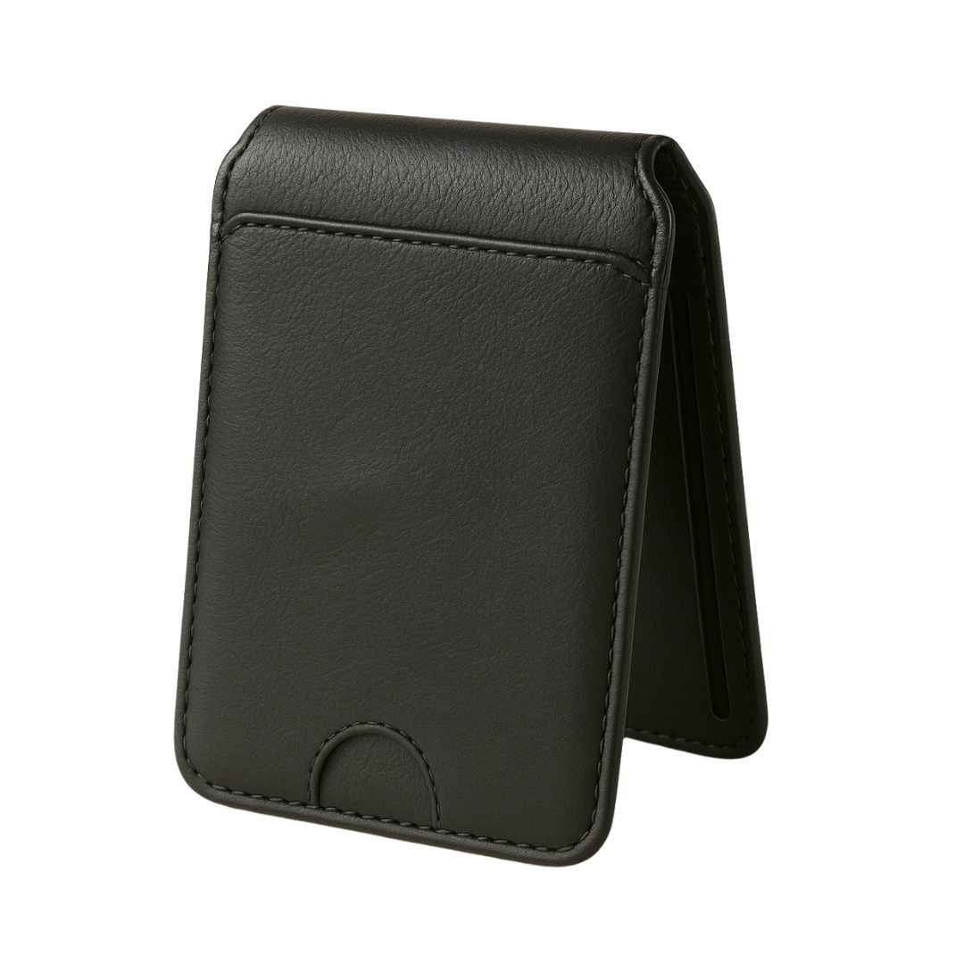 Black leather wallet standing upright on a white background.
