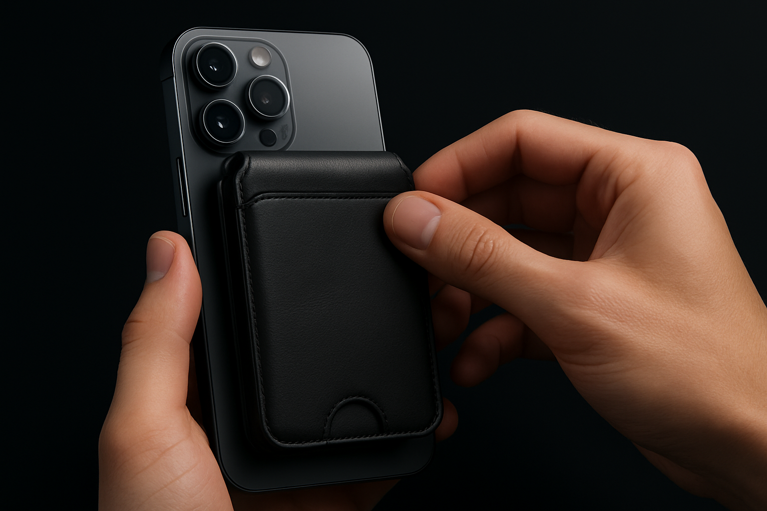 Hands holding a smartphone with a black leather wallet attached.