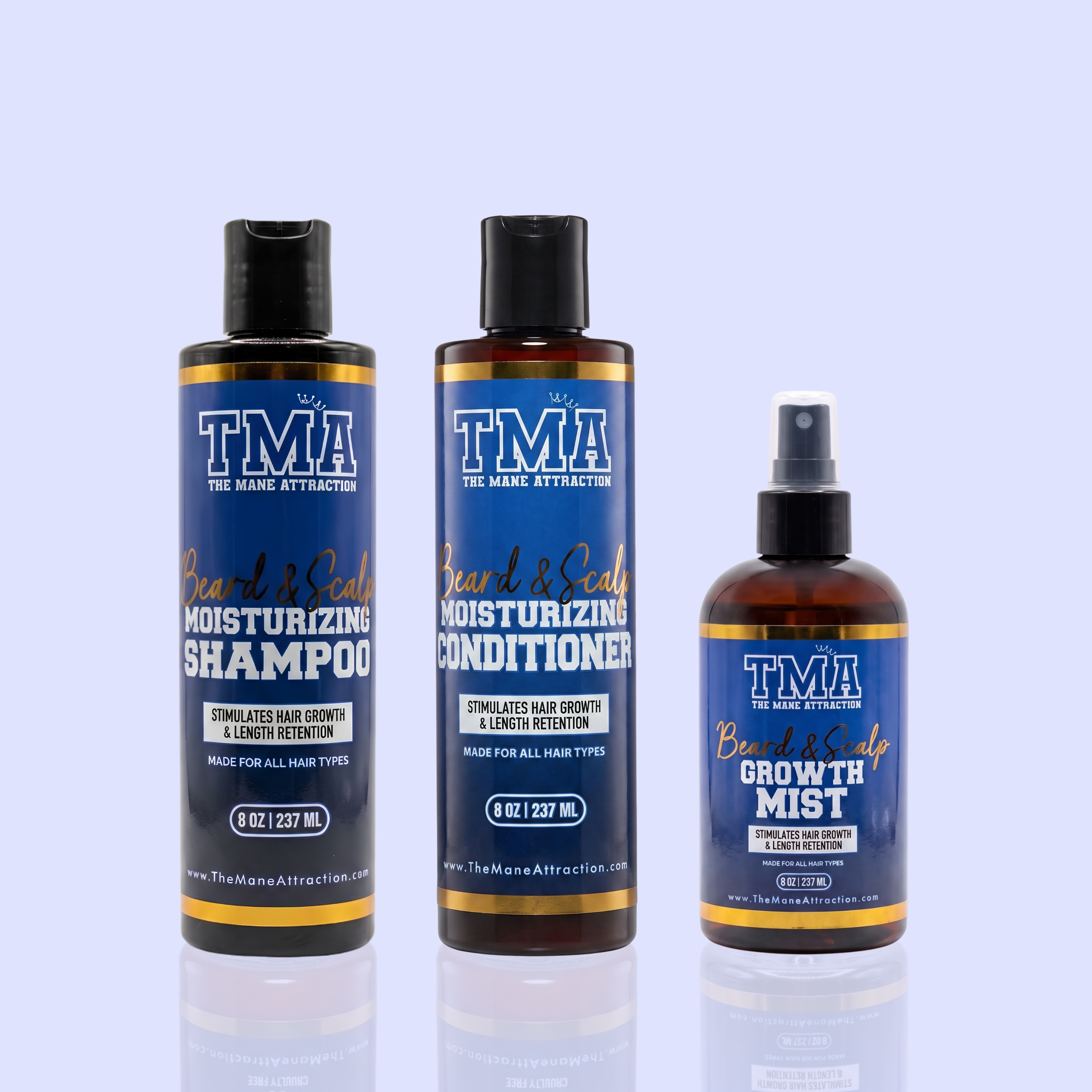Three bottles of The Mane Attraction beard and scalp products: shampoo, conditioner, and growth mist.