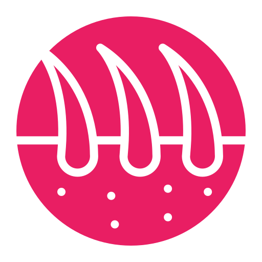 A pink icon showing a cross-section of skin with hair follicles.
