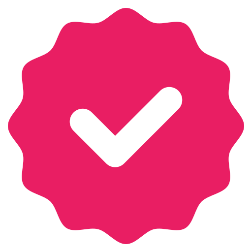 A white checkmark inside a magenta, starburst-shaped badge, representing verification or approval.