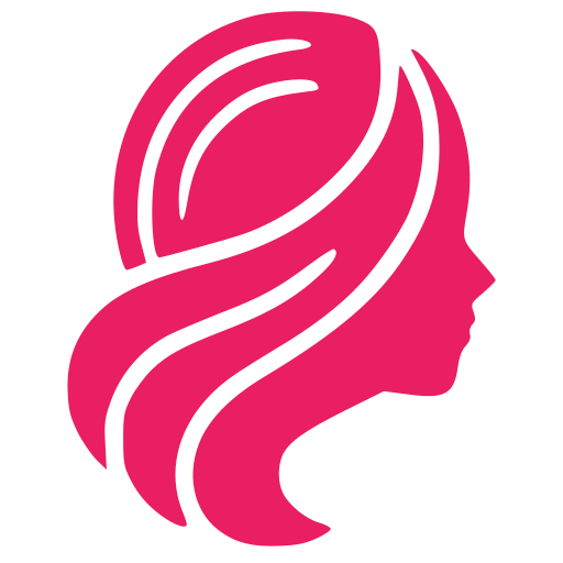 A pink graphic icon of a woman's head in profile with flowing hair.