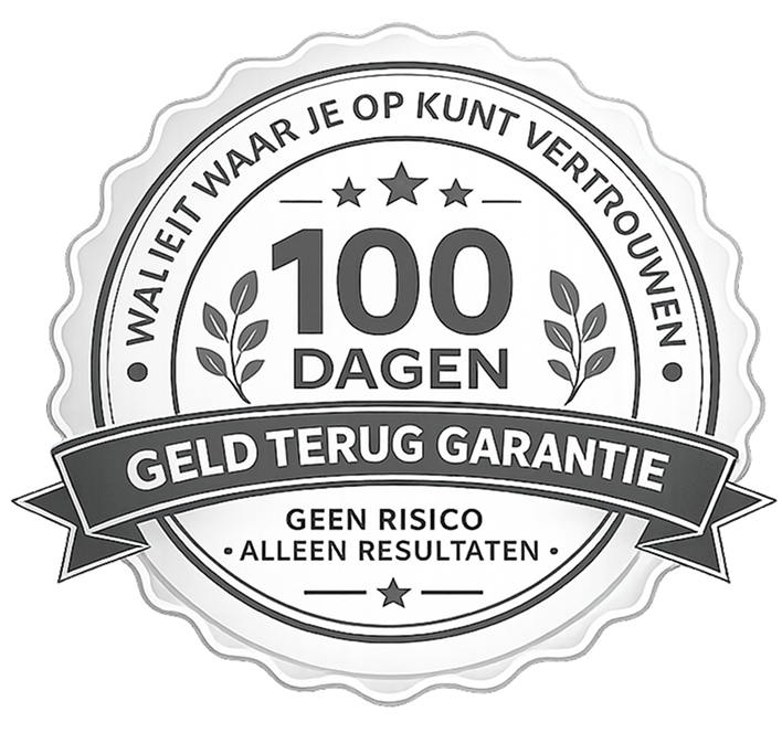 A black and white seal in Dutch for a '100 dagen geld terug garantie' (100-day money-back guarantee).
