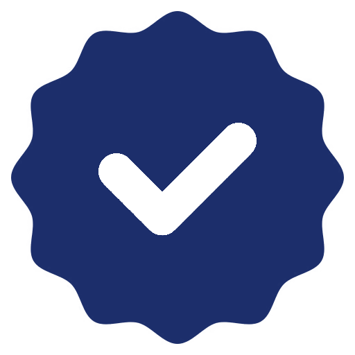 A dark blue seal with a scalloped edge and a white checkmark in the center.
