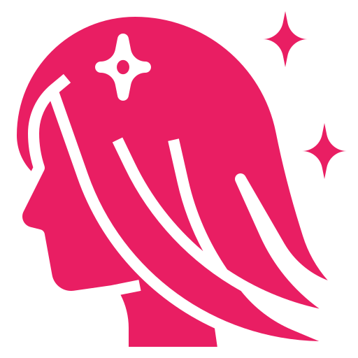 A pink icon of a person's head in profile with long, sparkling hair.