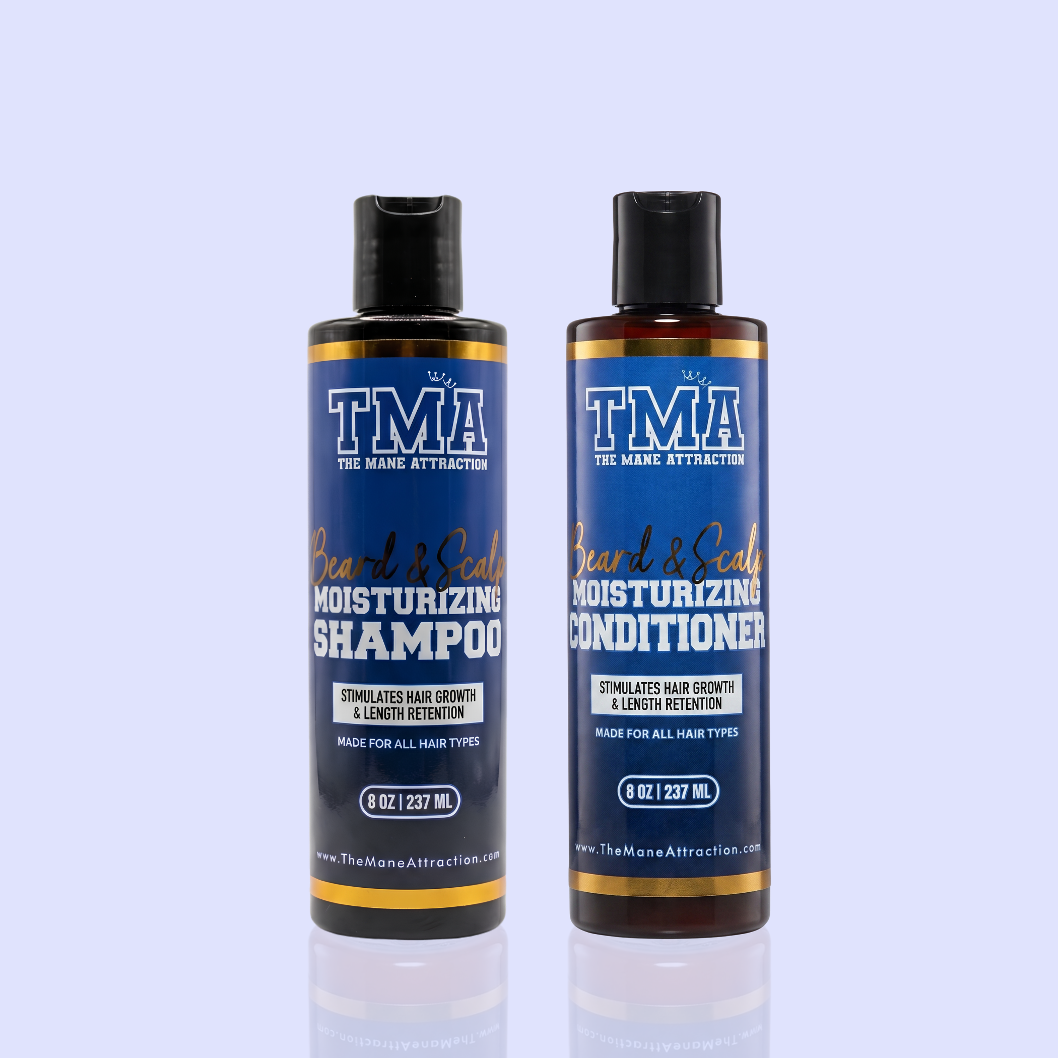 Two bottles, The Mane Attraction shampoo and conditioner, side-by-side on a reflective surface against a purple background.