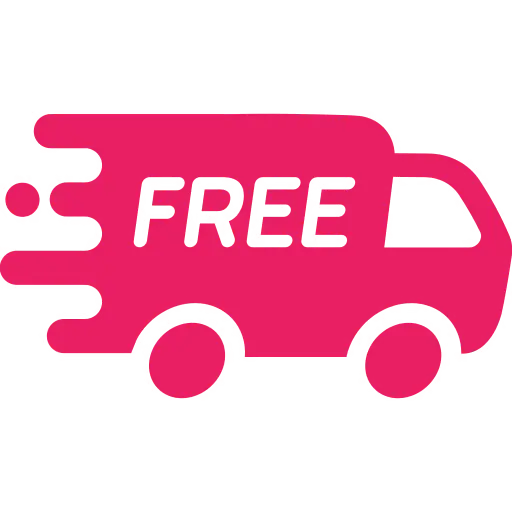 A pink icon of a delivery truck in motion with the word FREE written on its side.