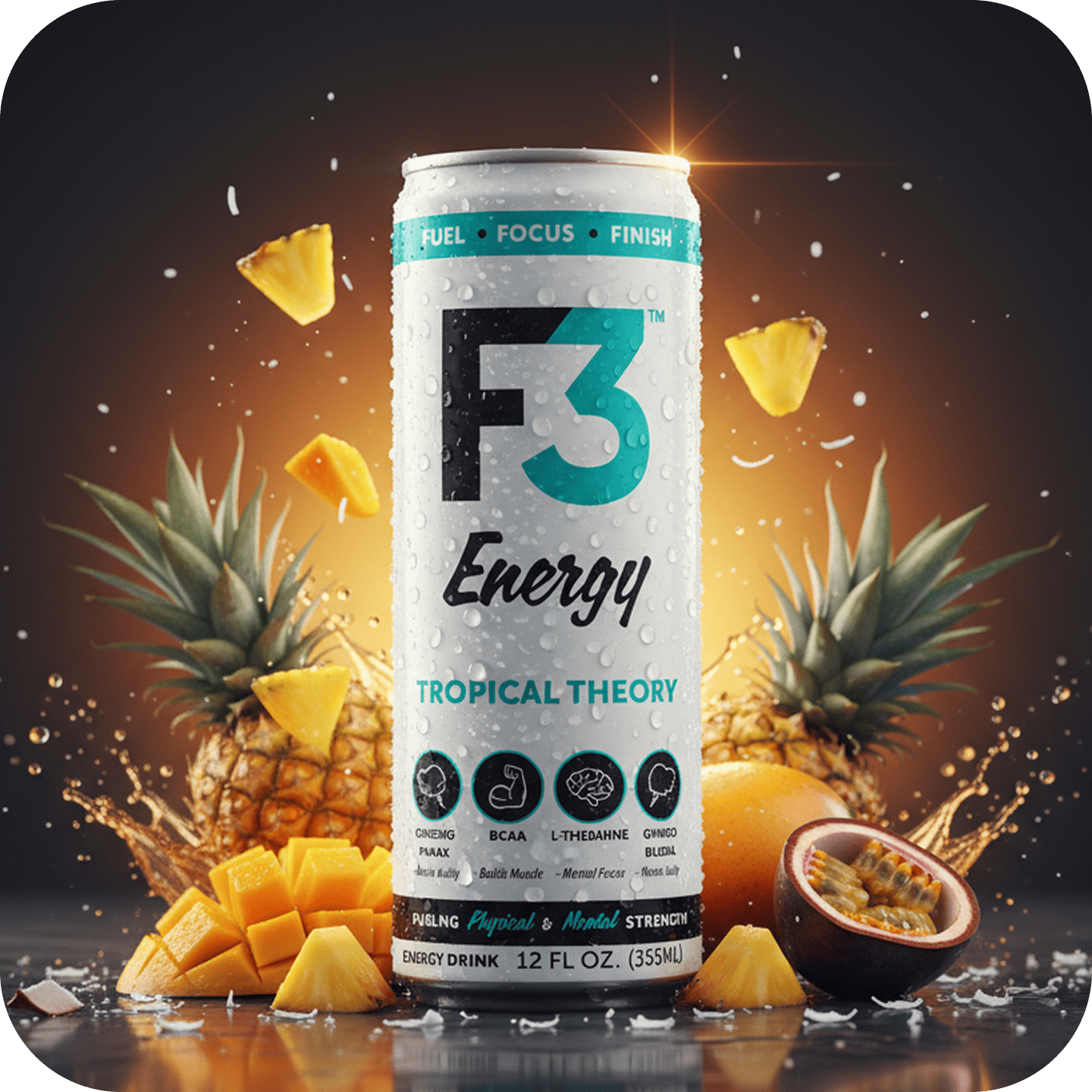F3 Energy drink can with tropical fruits: pineapple, mango, and passion fruit.