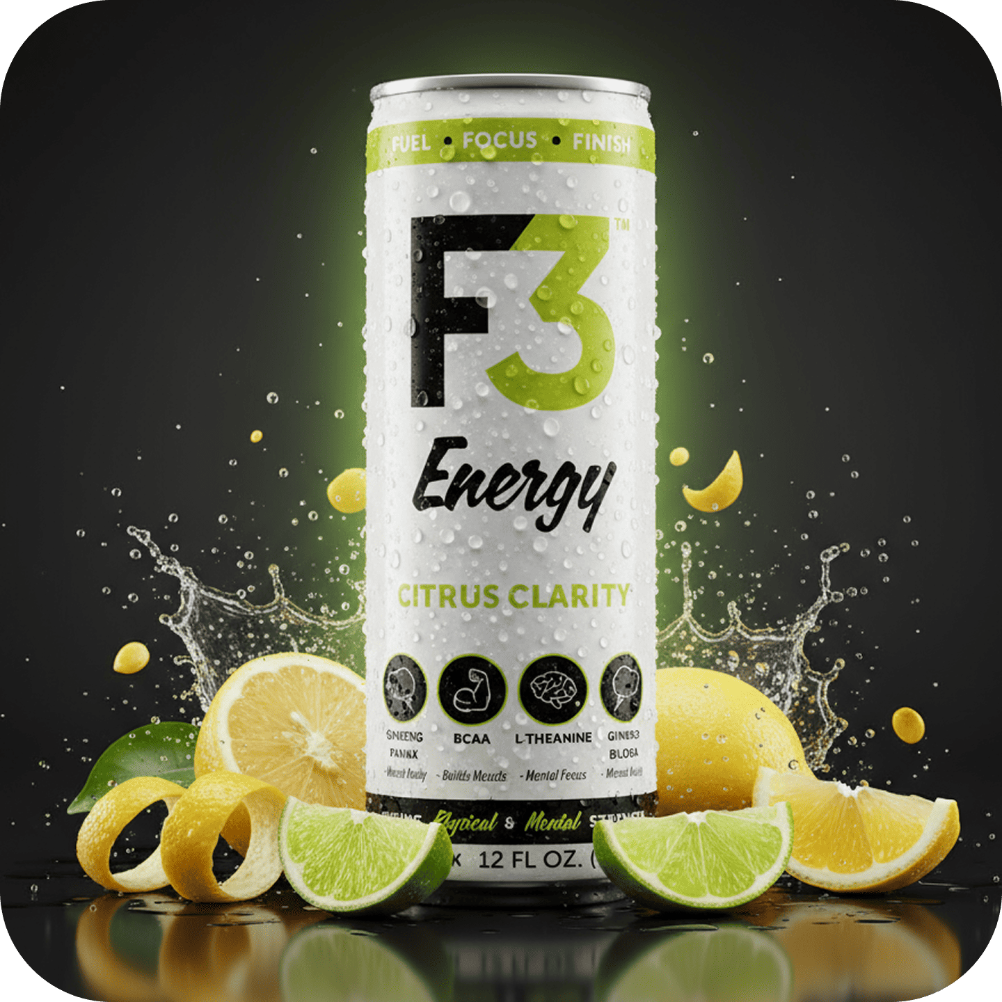 F3 Energy drink can with lemons and limes on black background.