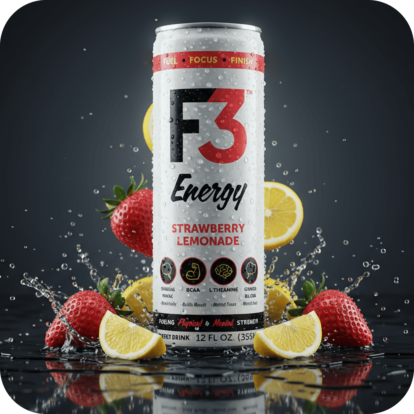 Energy drink can with strawberries and lemon slices, water splashing around.