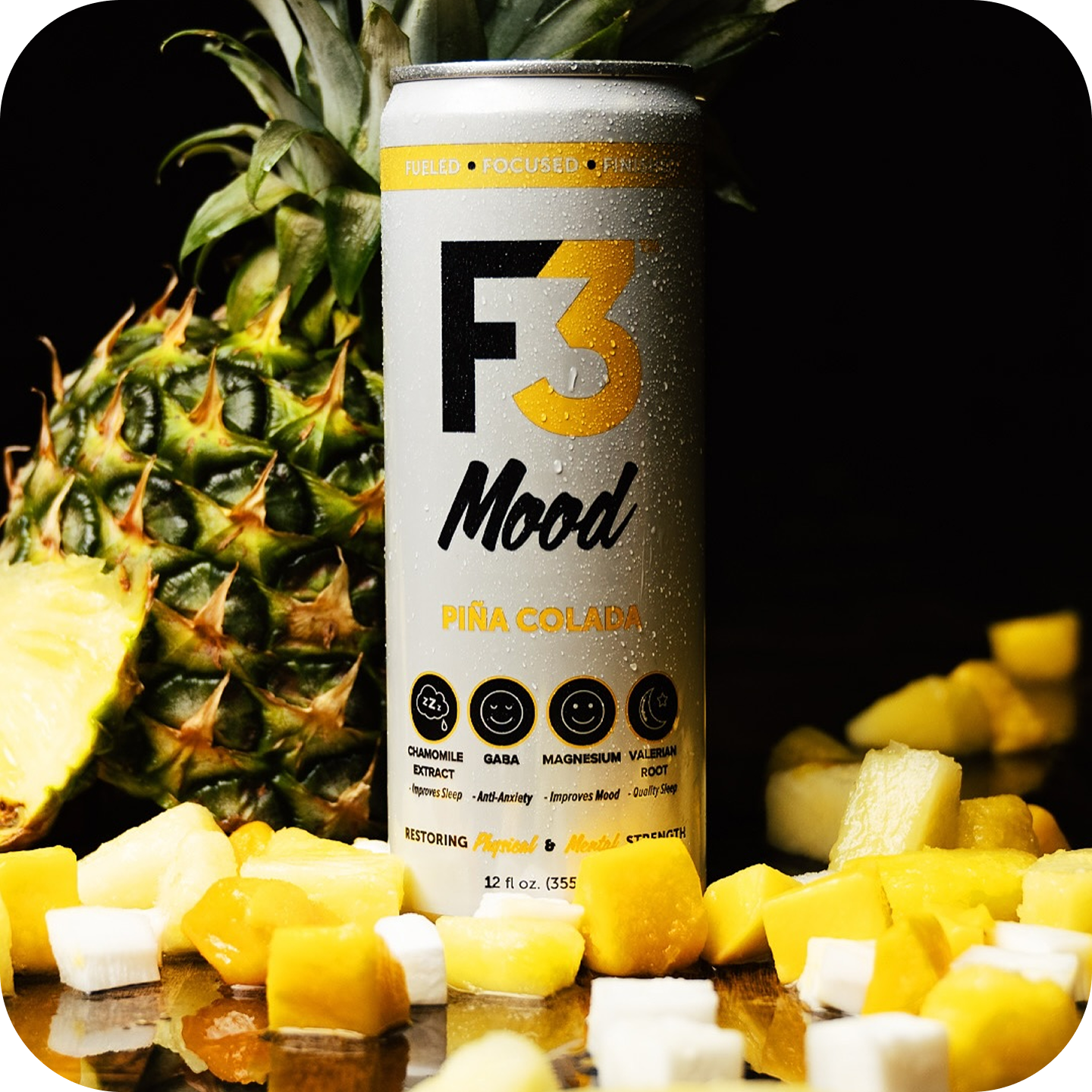 Can of F3 Mood Piña Colada with pineapple and diced fruit.