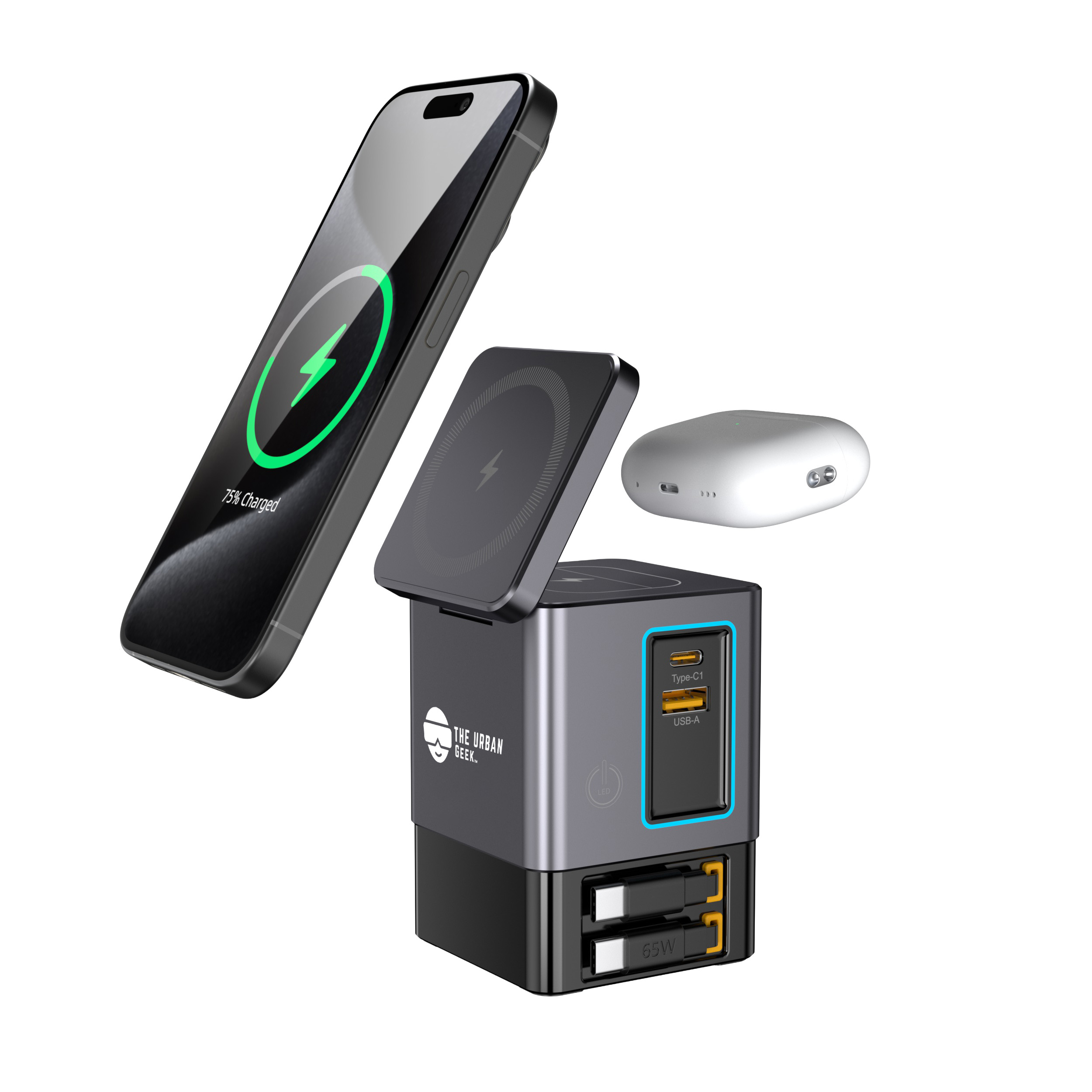 A multi-port charging station wirelessly charging a smartphone, with a pair of wireless earbuds nearby.