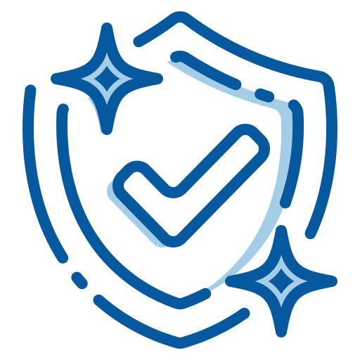 A blue and white icon of a sparkling shield with a large checkmark in the center.