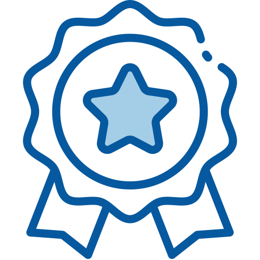 A blue and white icon of an award ribbon with a star in the center.