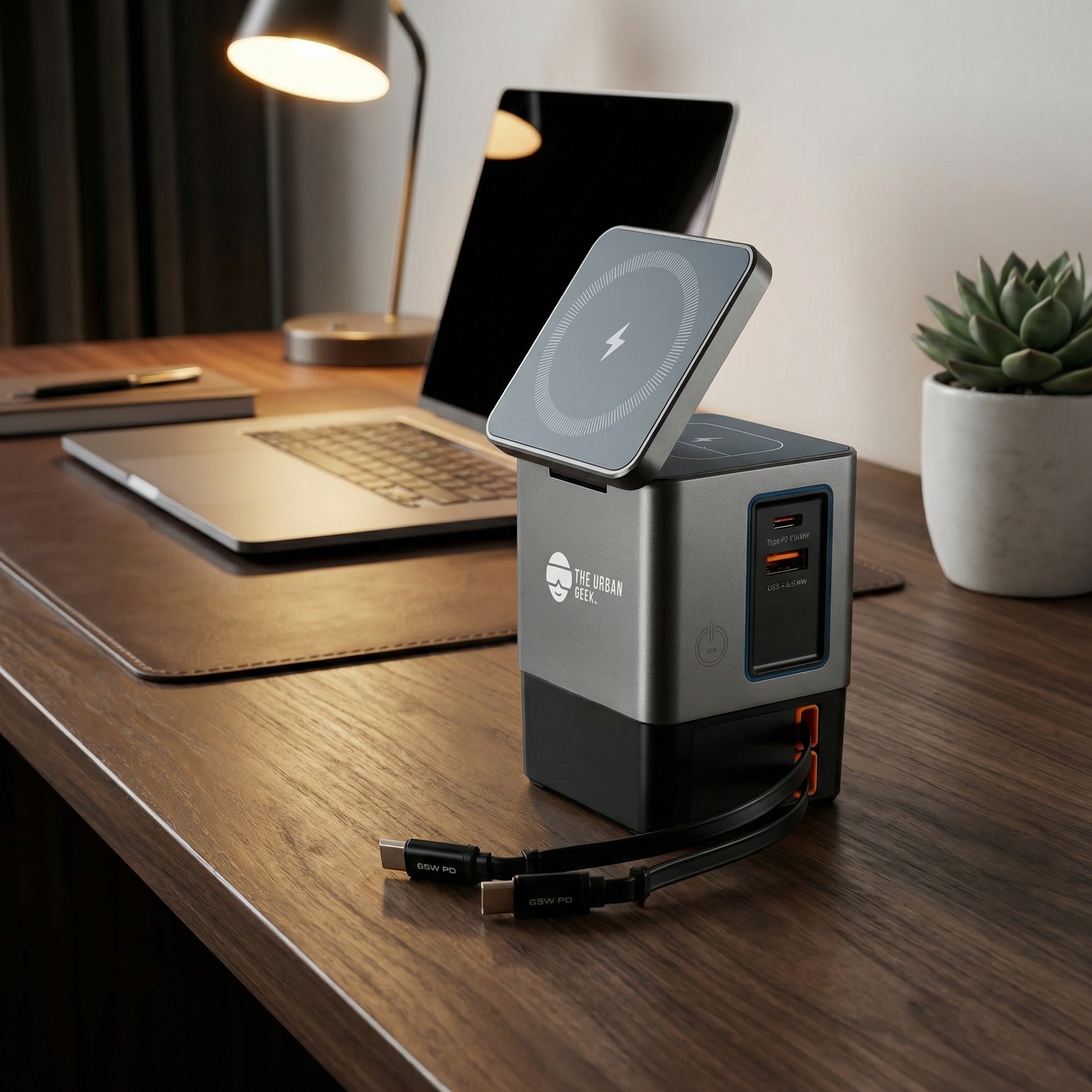 A grey multi-port charging station with a wireless charger sits on a wooden desk next to a laptop.