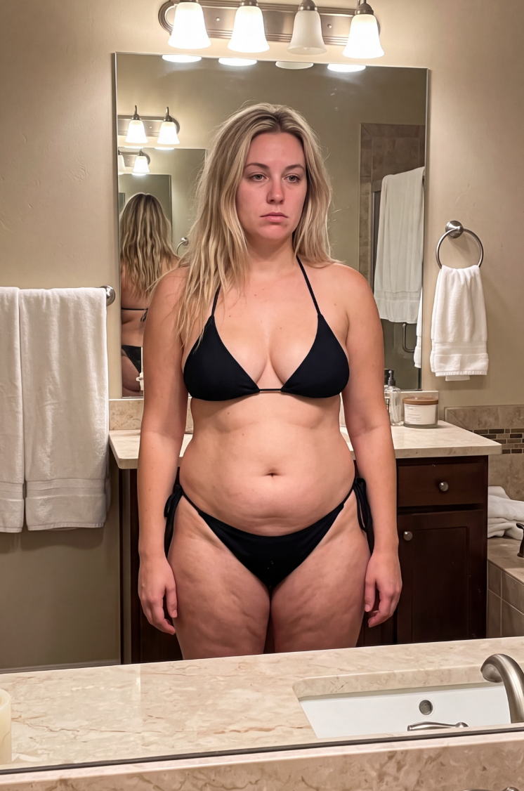 A woman in a nude-colored bra and underwear set looks at her reflection in a mirror.