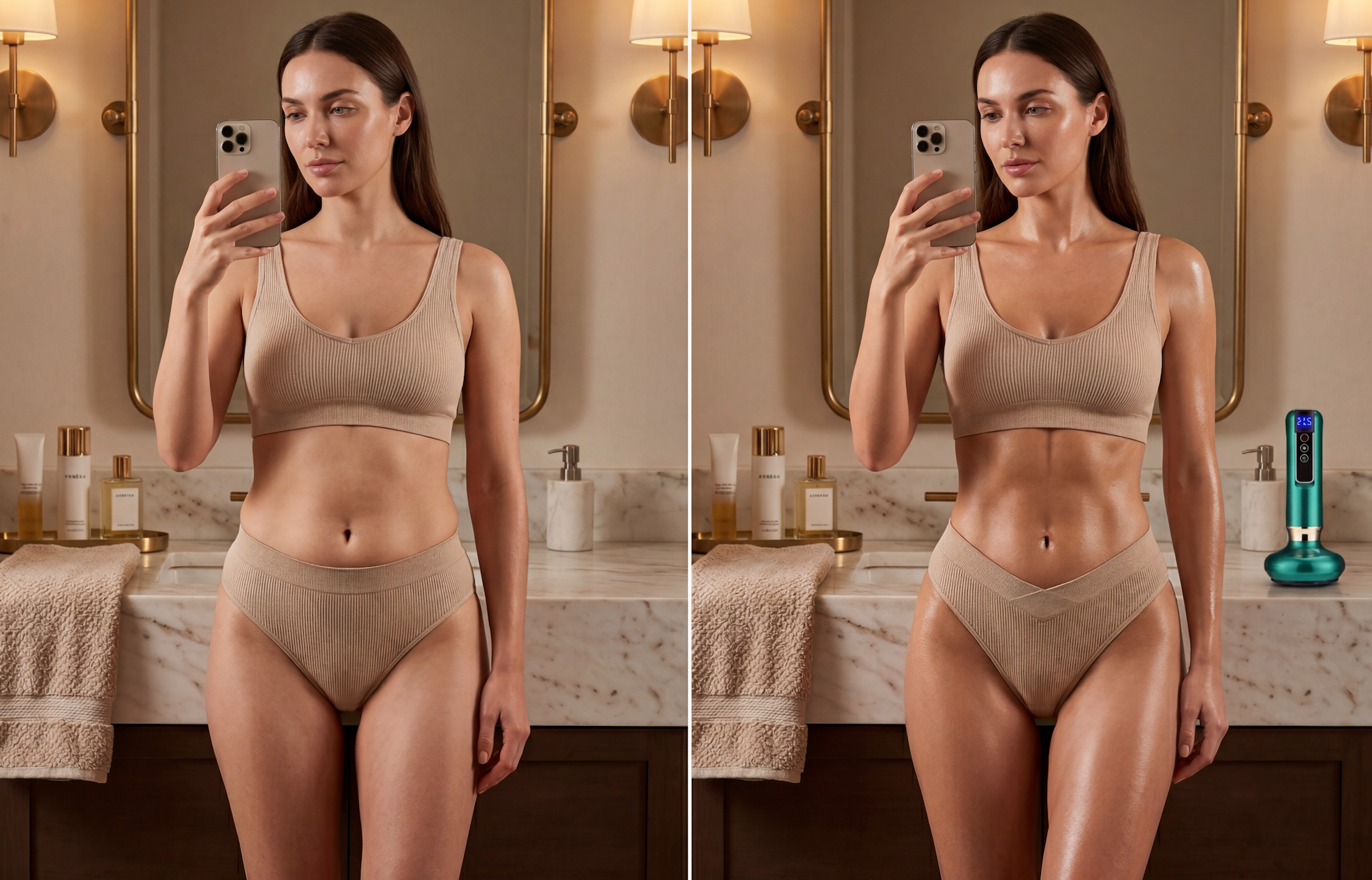 A before and after image of a woman showing a more toned and oiled body in the second photo.
