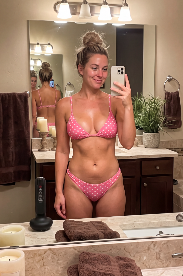 A fit woman in white workout gear smiles and flexes her bicep in a bathroom mirror.