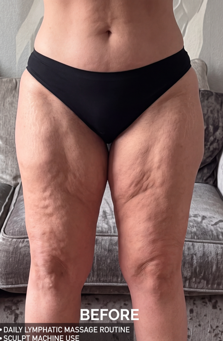 A before shot of a woman's lower torso and thighs, showing cellulite and stretch marks.