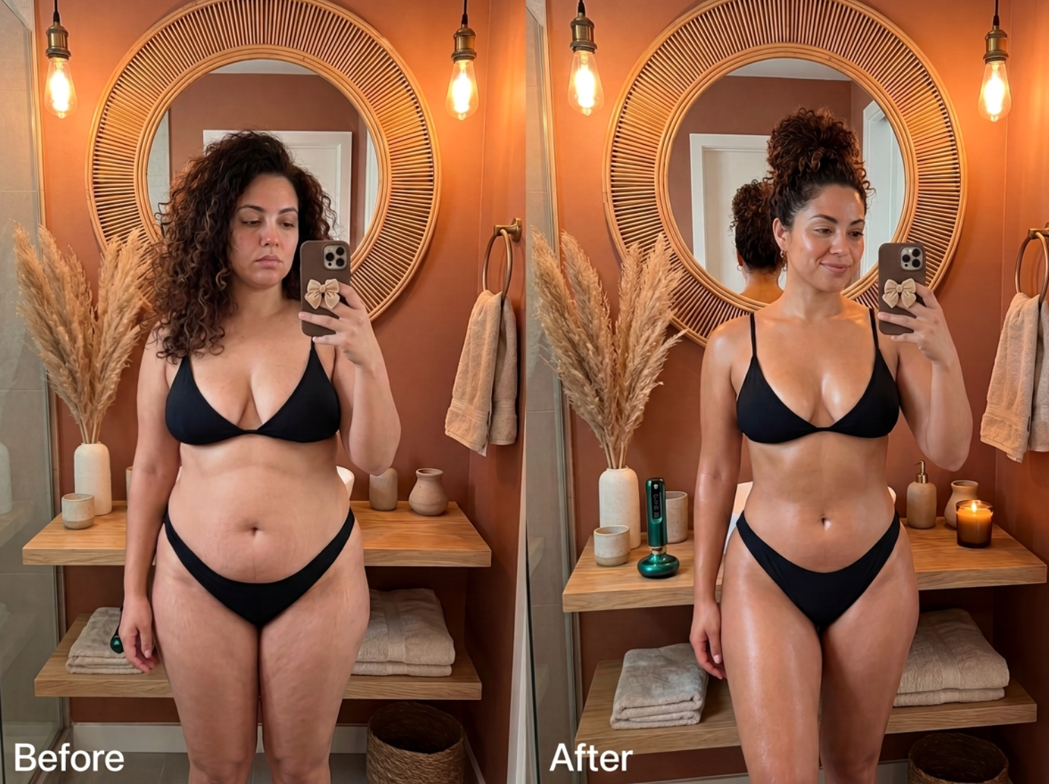 A side-by-side before and after photo of a woman in a black bikini taking a mirror selfie.