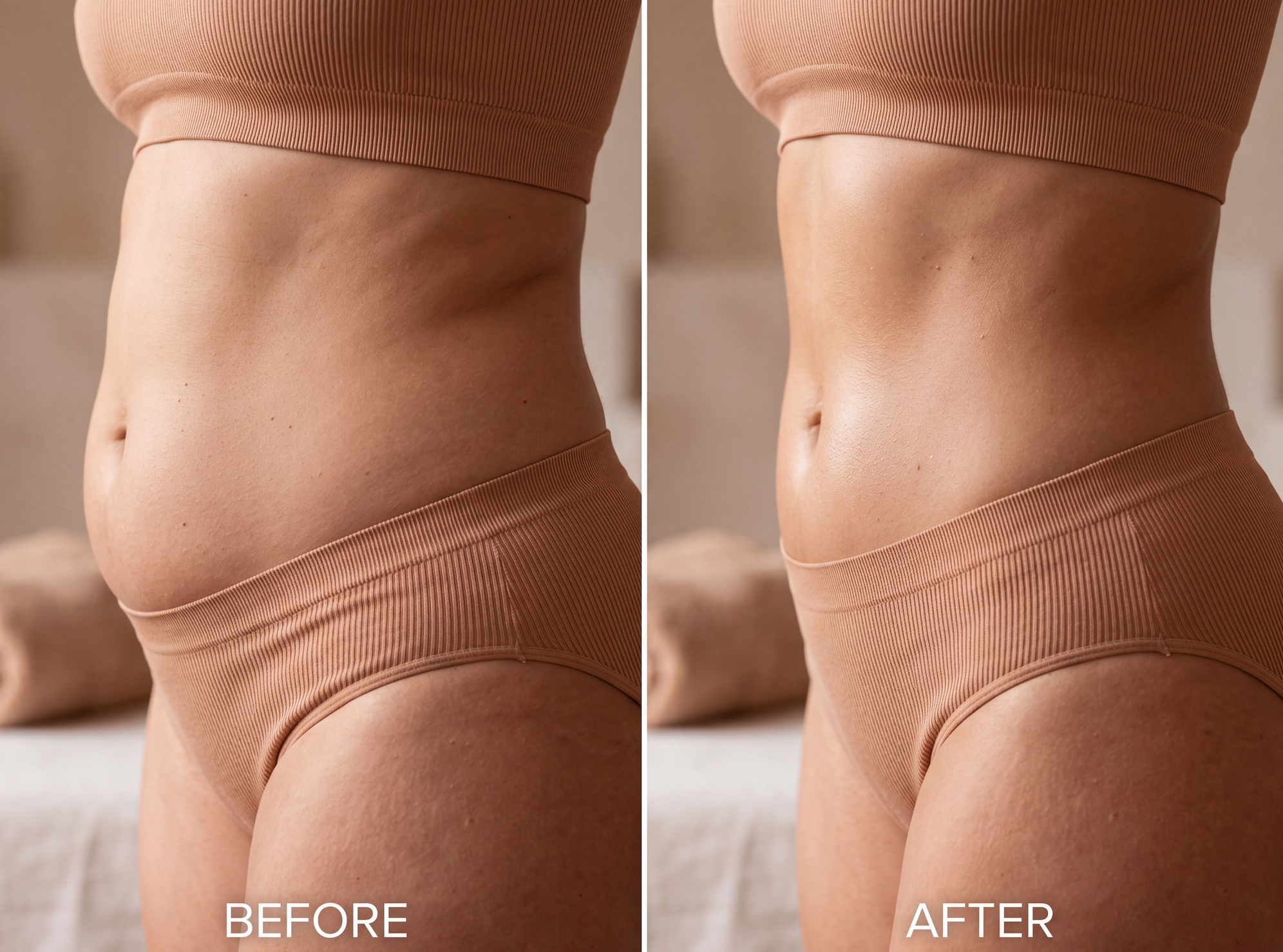 A before-and-after split image showing a woman's midsection becoming visibly flatter and more toned.