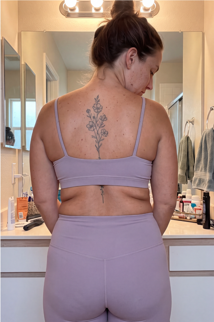 A woman with tattoos on her back, seen from behind, wearing a lavender sports bra and leggings.