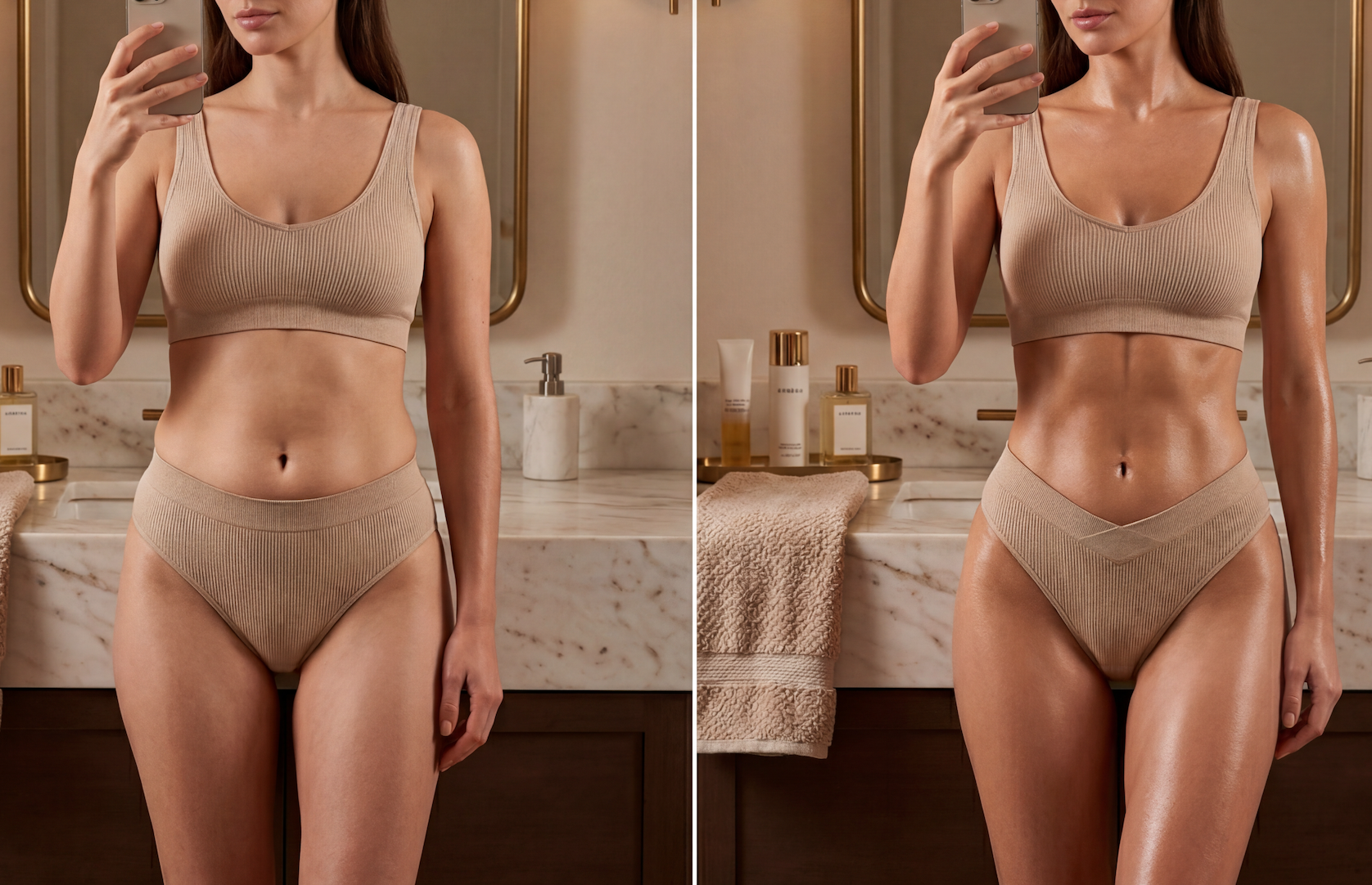 A before and after image of a woman in underwear, with her body appearing more toned and shiny.