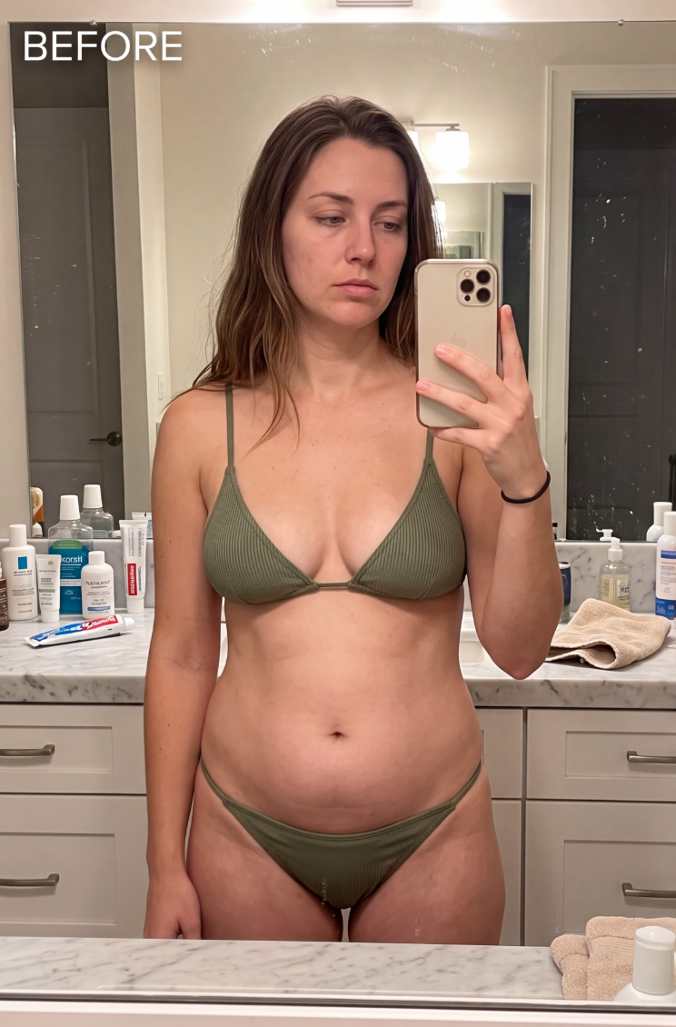 A woman in a green bikini takes a mirror selfie in a bathroom with the word 'BEFORE' overlaid.