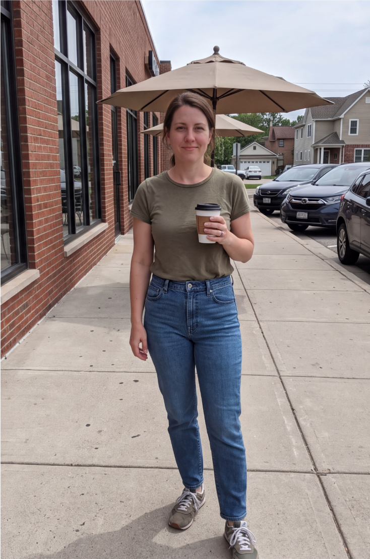 A woman in a green shirt and jeans stands on a sidewalk holding a paper coffee cup.