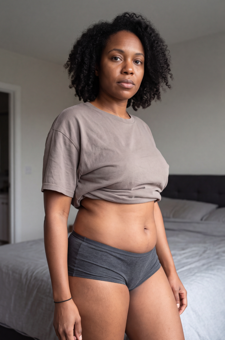 A Black woman with curly hair stands in a bedroom wearing a grey t-shirt and underwear.