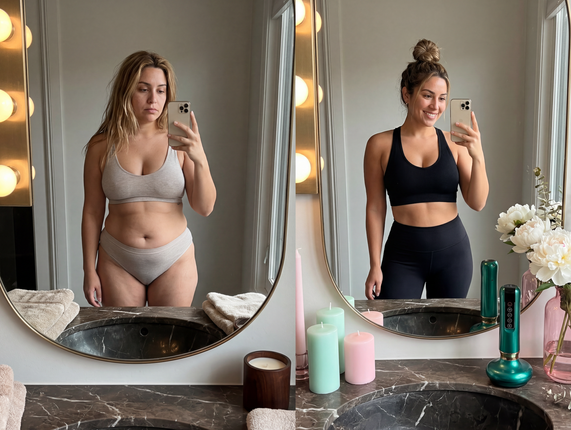 A before and after comparison of a woman's midsection, showing a flatter stomach on the right.