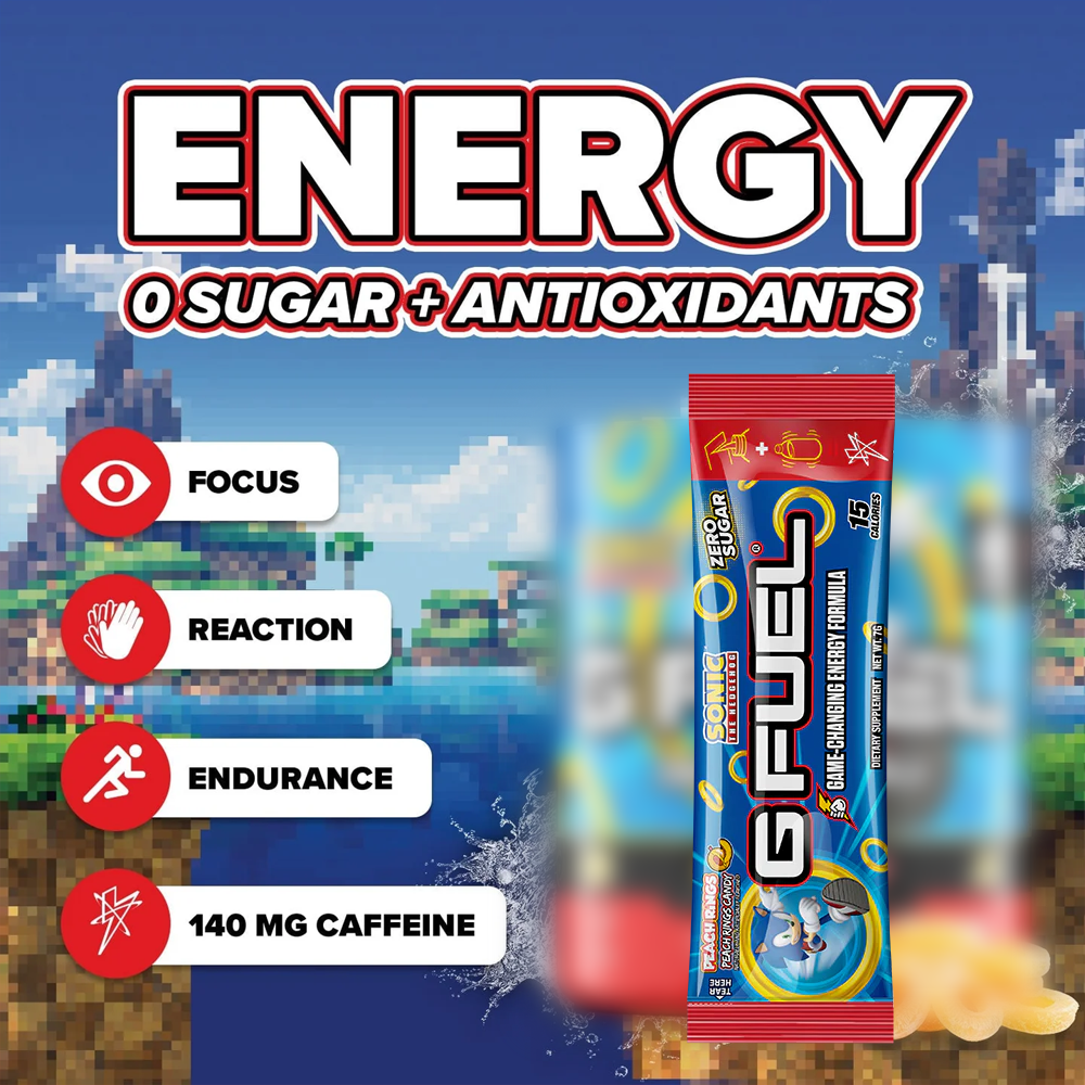 G Fuel energy drink packet with focus, reaction, endurance benefits, and 140 mg caffeine.