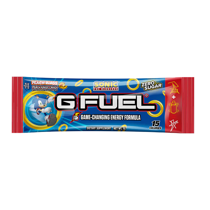 G Fuel energy formula packet featuring a blue character and peach rings design.