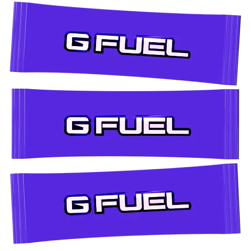 Three purple packets with the G FUEL logo on a green background.