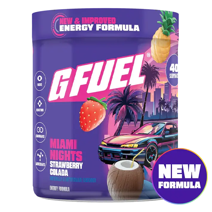 A purple tub of G FUEL Miami Nights Strawberry Colada energy formula with retro-style graphics.