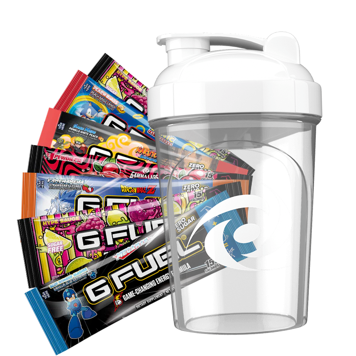 Clear shaker cup with colorful energy drink packets behind it.